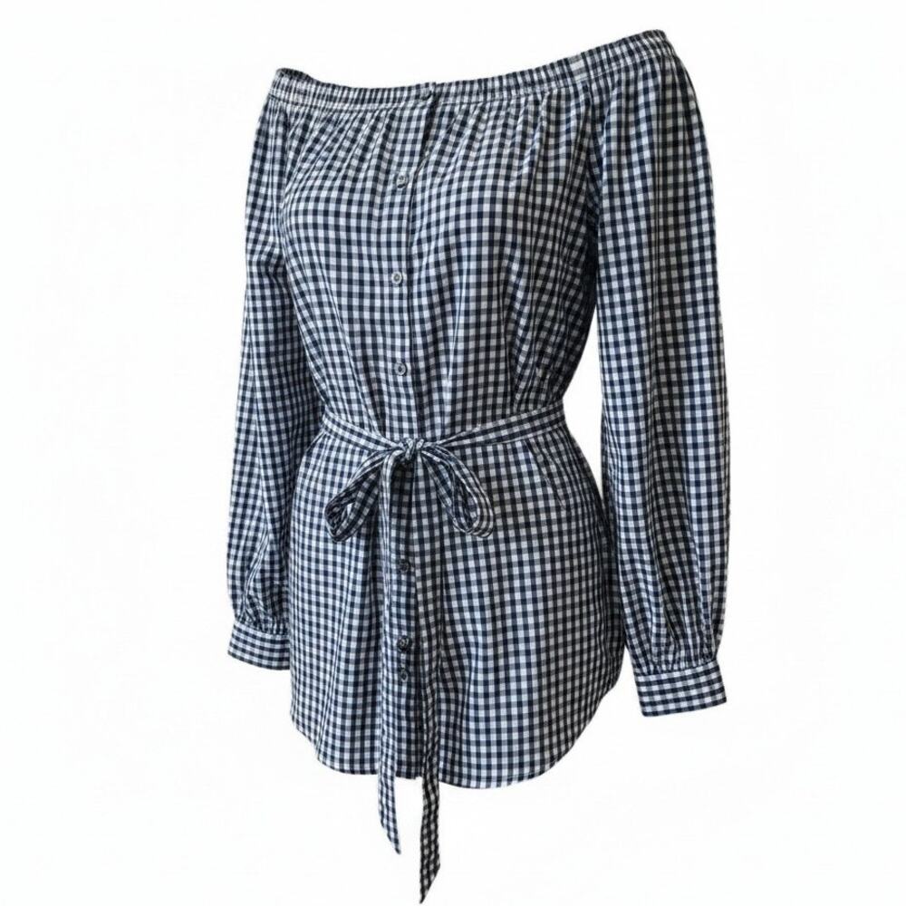 Michael Kors Collection Off Shoulder Blue/White Blouse Long Sleeve Blet Size 8